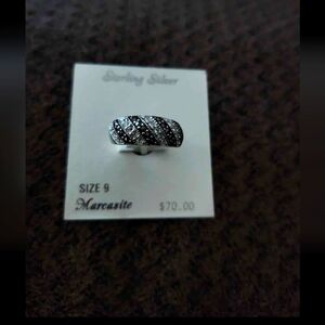 925 Sterling Silver Black Diamond Marcasite Ring-New!